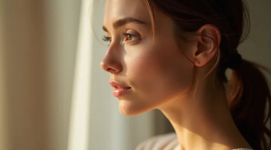 Illustration éditorialiste de profil d'une femme montrant l'harmonie corporelle naturelle après augmentation mammaire composite