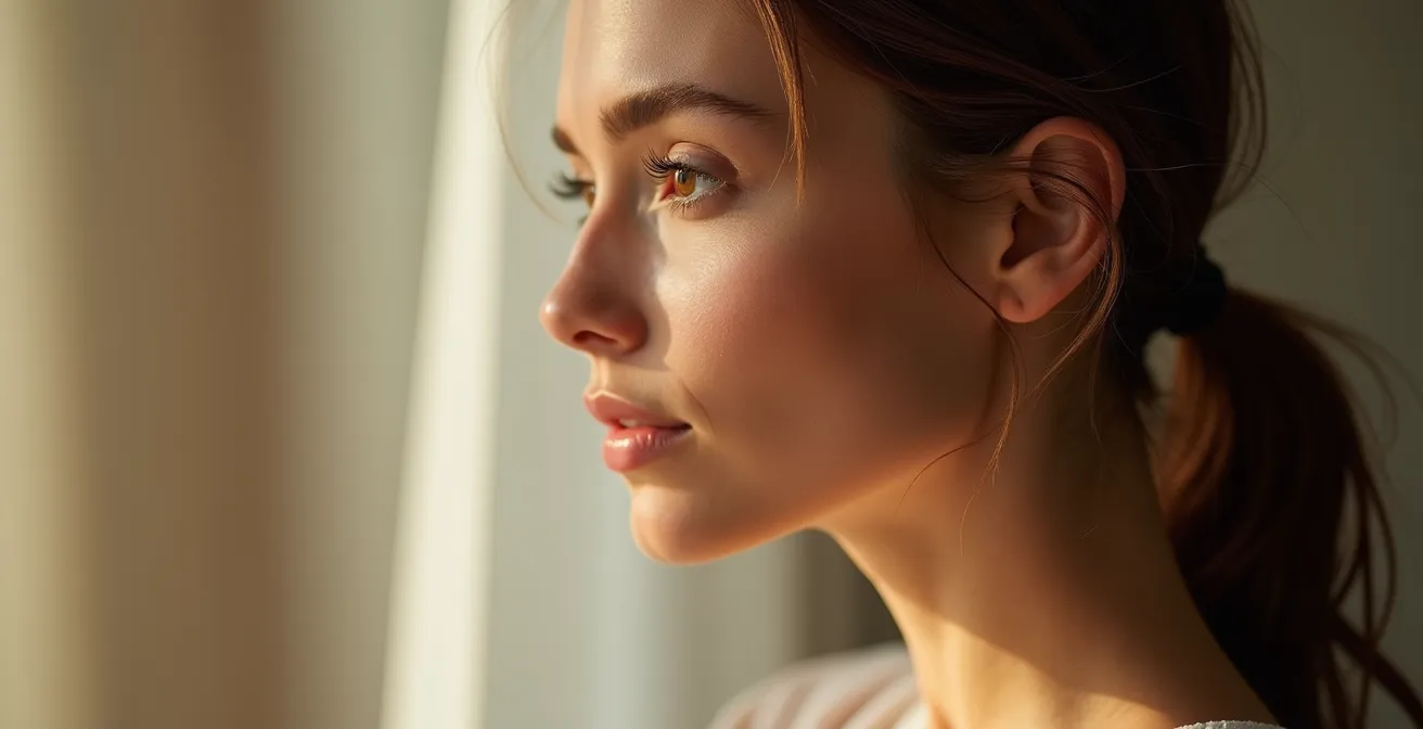 Illustration éditorialiste de profil d'une femme montrant l'harmonie corporelle naturelle après augmentation mammaire composite