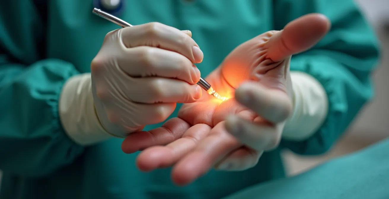 Image photographique des mains d'un chirurgien en consultation montrant l'examen clinique et la discussion avec patiente