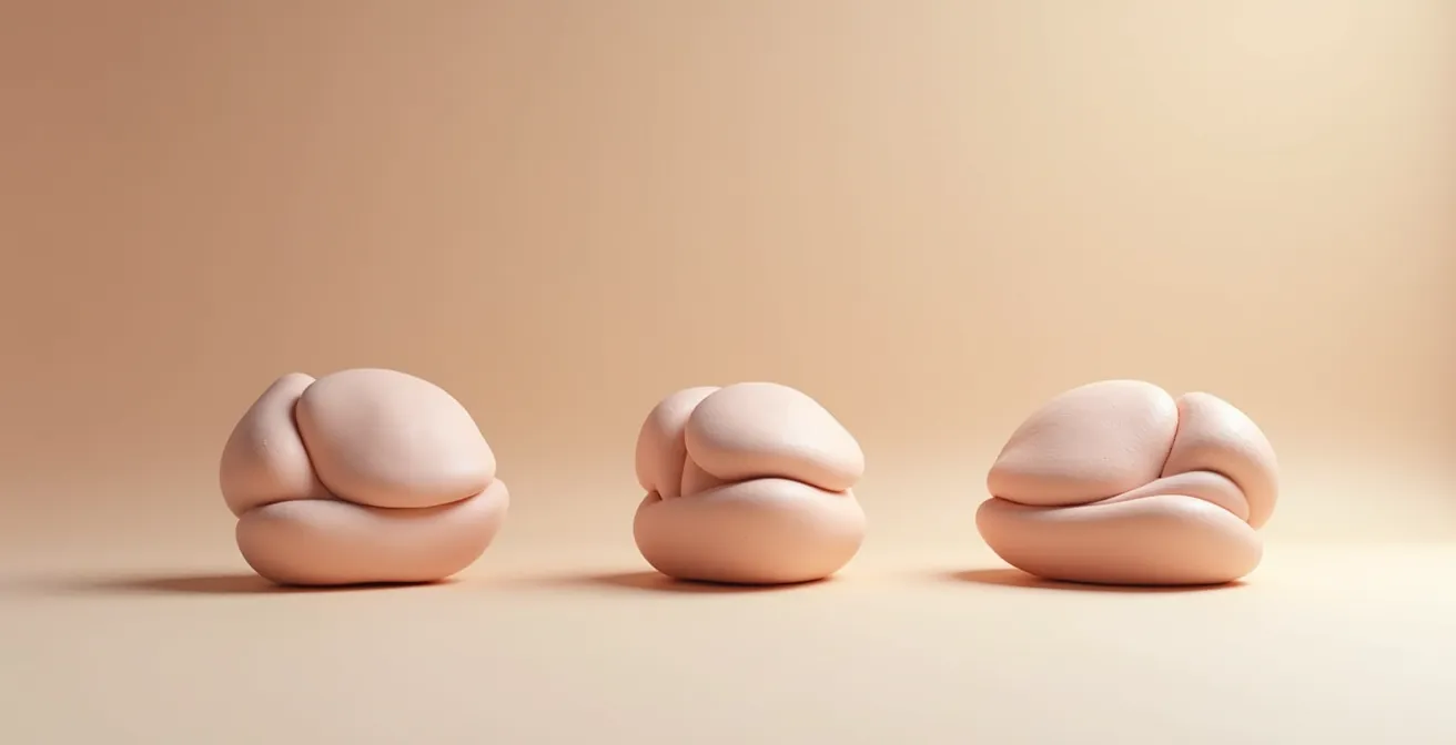 Schéma photographique montrant les phases de récupération et stabilisation du volume mammaire au fil du temps